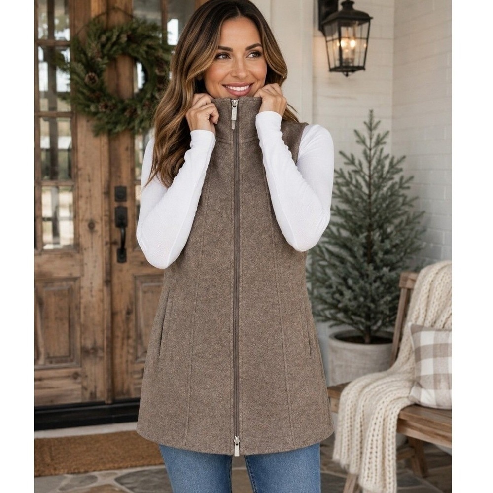 Toad & Co Womens L Arriva Long Outbound Travel Vest Falcon Brown Zip Wool Blend